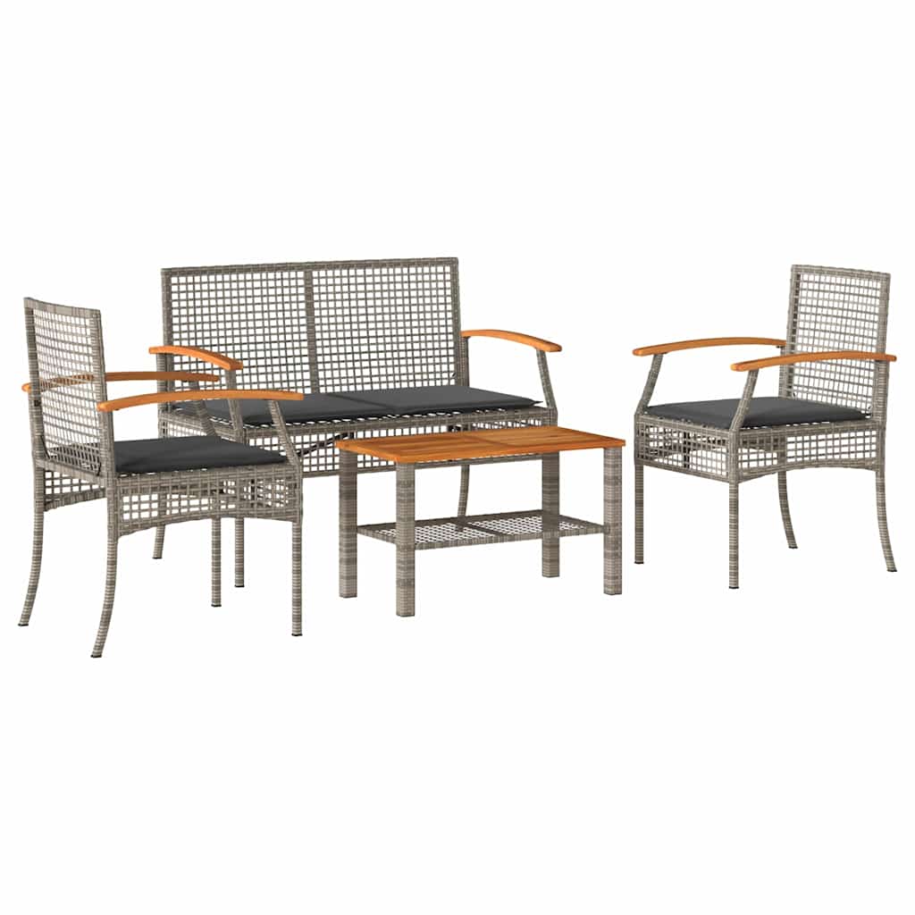 4 Piece Garden Lounge Set with Cushions Grey Poly Rattan