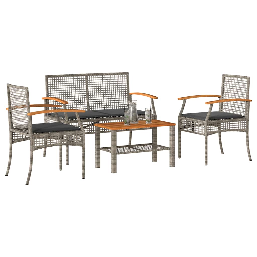 4 Piece Garden Lounge Set with Cushions Grey Poly Rattan
