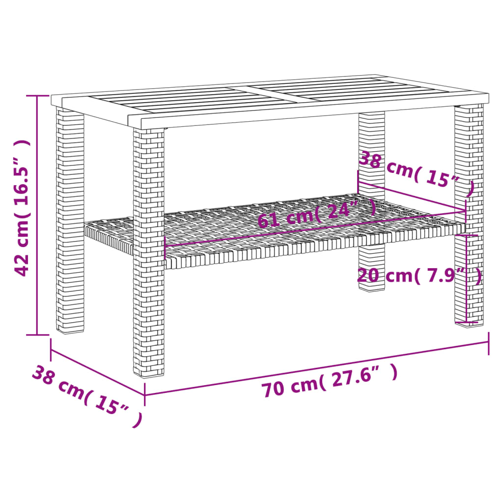 Garden Table Black 70x38x42 cm Poly Rattan Acacia Wood
