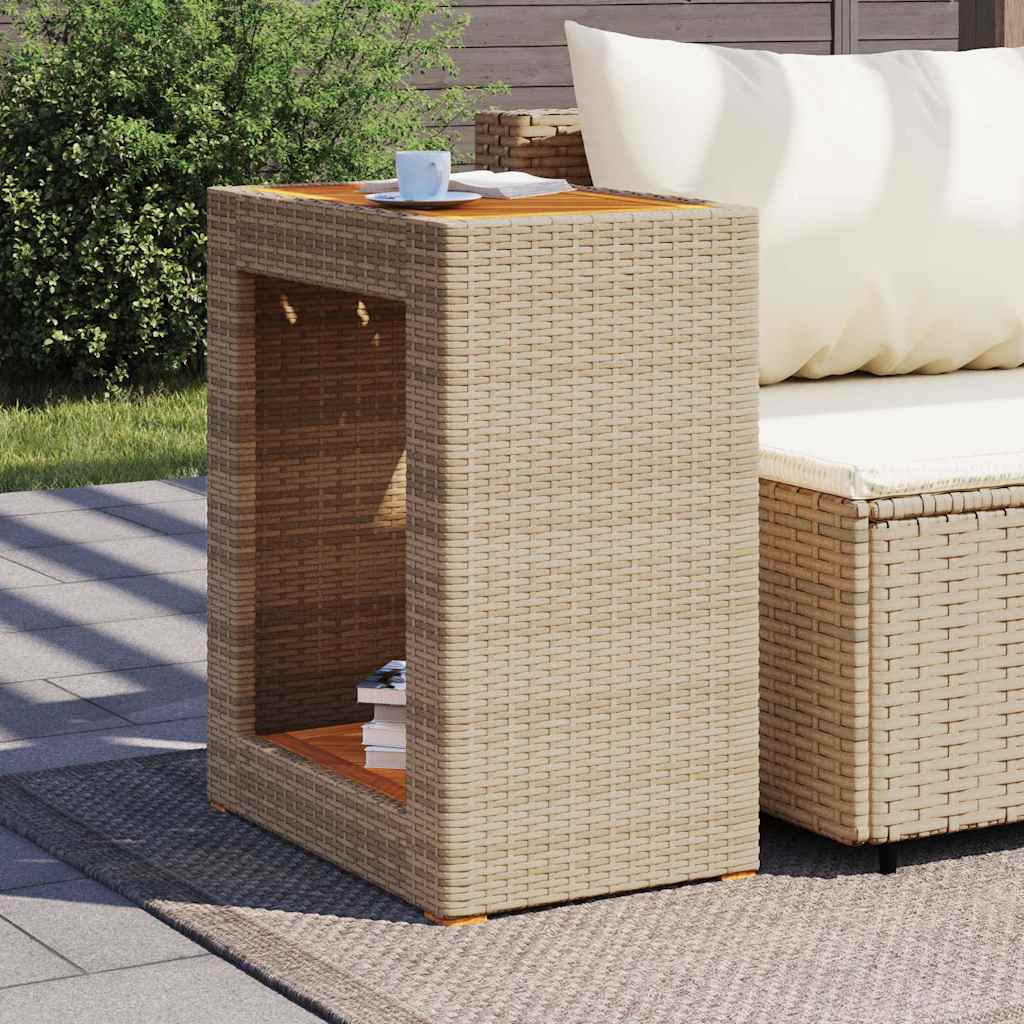 Garden Side Table with Wooden Top Beige 60x40x75 cm Poly Rattan