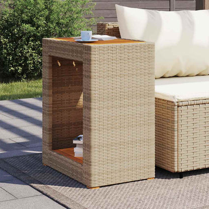 Garden Side Table with Wooden Top Beige 60x40x75 cm Poly Rattan
