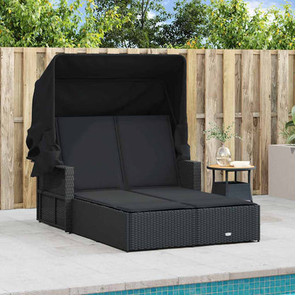 Double Sun Lounger with Canopy and Cushions Black Poly Rattan