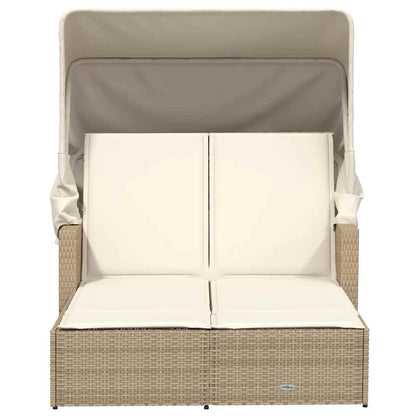 Double Sun Lounger with Canopy and Cushions Beige Poly Rattan