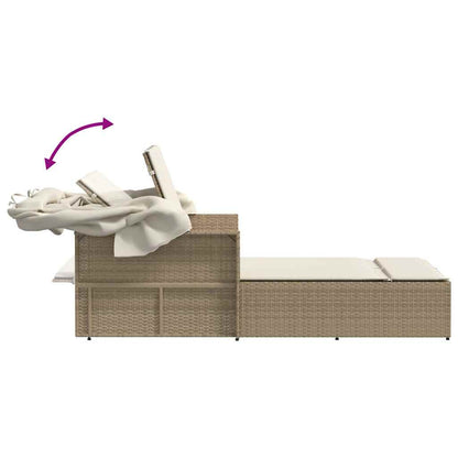 Double Sun Lounger with Canopy and Cushions Beige Poly Rattan
