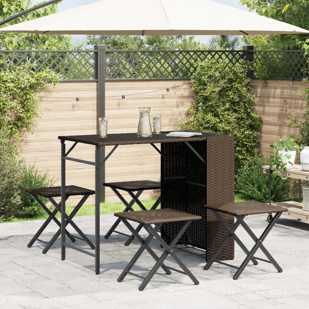 5 Piece Garden Camping Set Foldable Brown Poly Rattan