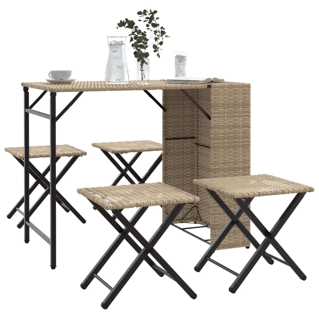 5 Piece Garden Camping Set Foldable Beige Poly Rattan