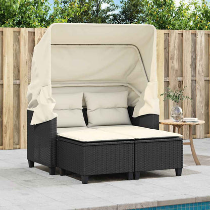 Garden Sofa 2-Seater with Canopy and Stools Black Poly Rattan