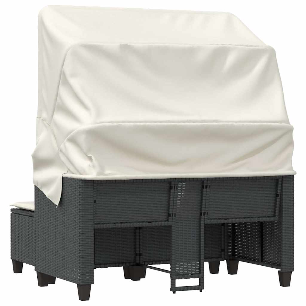 Garden Sofa 2-Seater with Canopy and Stools Black Poly Rattan