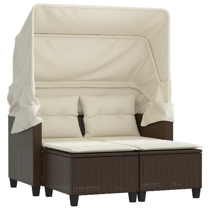 Garden Sofa 2-Seater with Canopy and Stools Brown Poly Rattan
