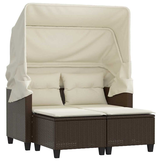 Garden Sofa 2-Seater with Canopy and Stools Brown Poly Rattan