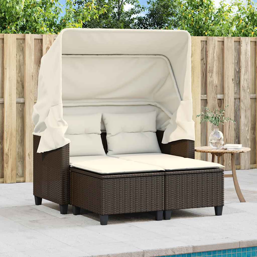 Garden Sofa 2-Seater with Canopy and Stools Brown Poly Rattan