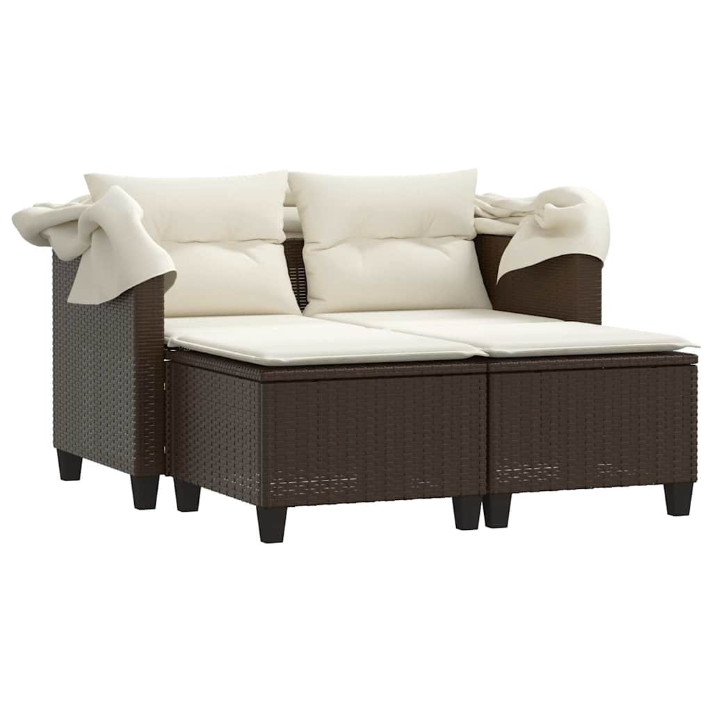 Garden Sofa 2-Seater with Canopy and Stools Brown Poly Rattan
