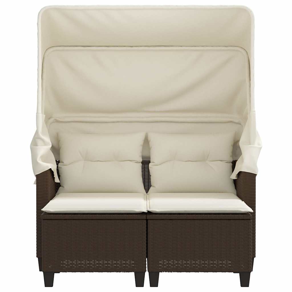 Garden Sofa 2-Seater with Canopy and Stools Brown Poly Rattan