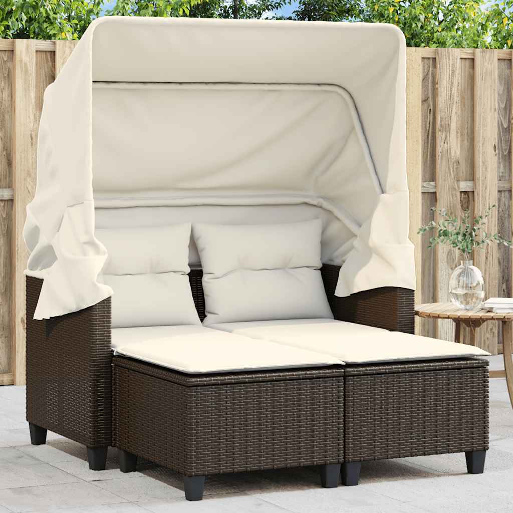 Garden Sofa 2-Seater with Canopy and Stools Brown Poly Rattan