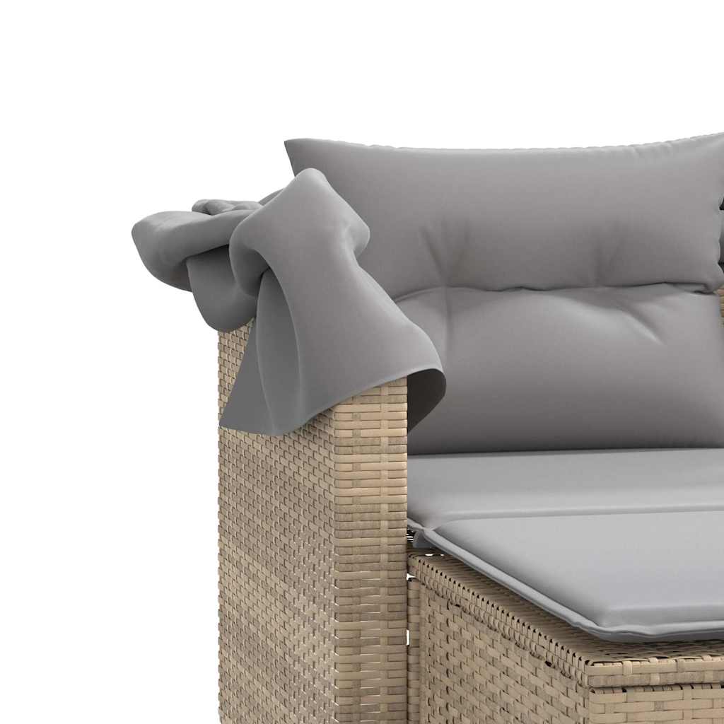 Garden Sofa 2-Seater with Canopy and Stools Beige Poly Rattan