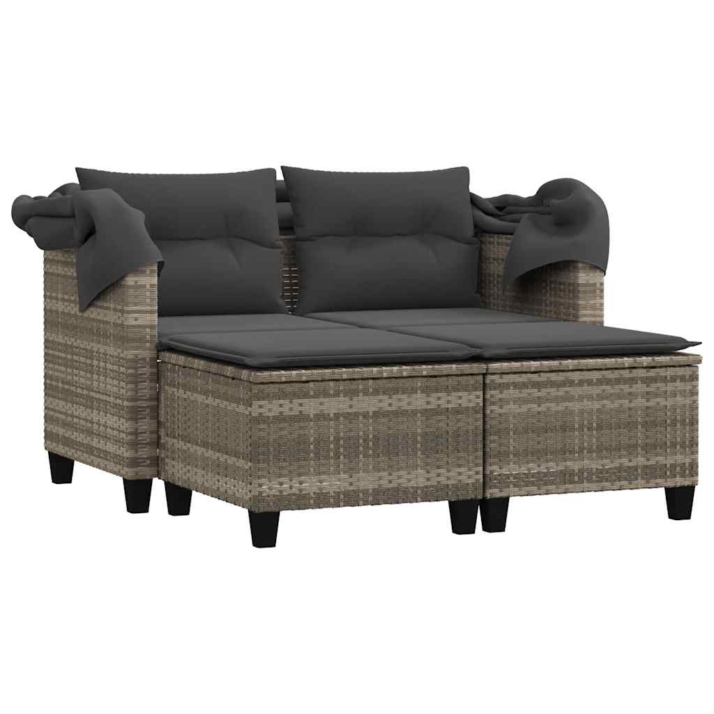 Garden Sofa 2-Seater with Canopy and Stools Light Grey Poly Rattan