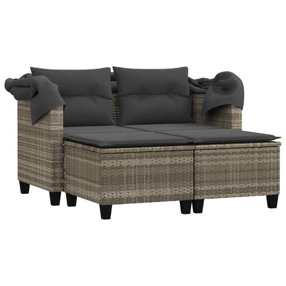 Garden Sofa 2-Seater with Canopy and Stools Light Grey Poly Rattan