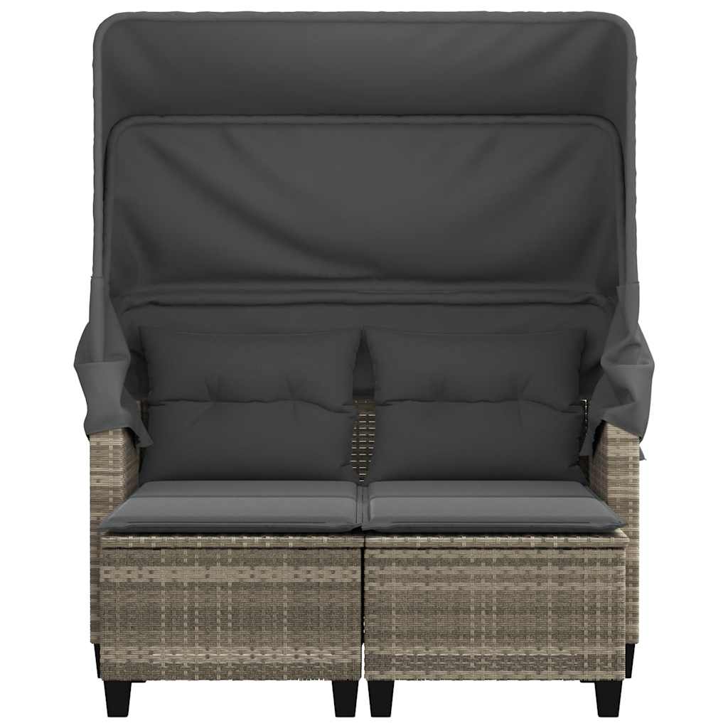 Garden Sofa 2-Seater with Canopy and Stools Light Grey Poly Rattan