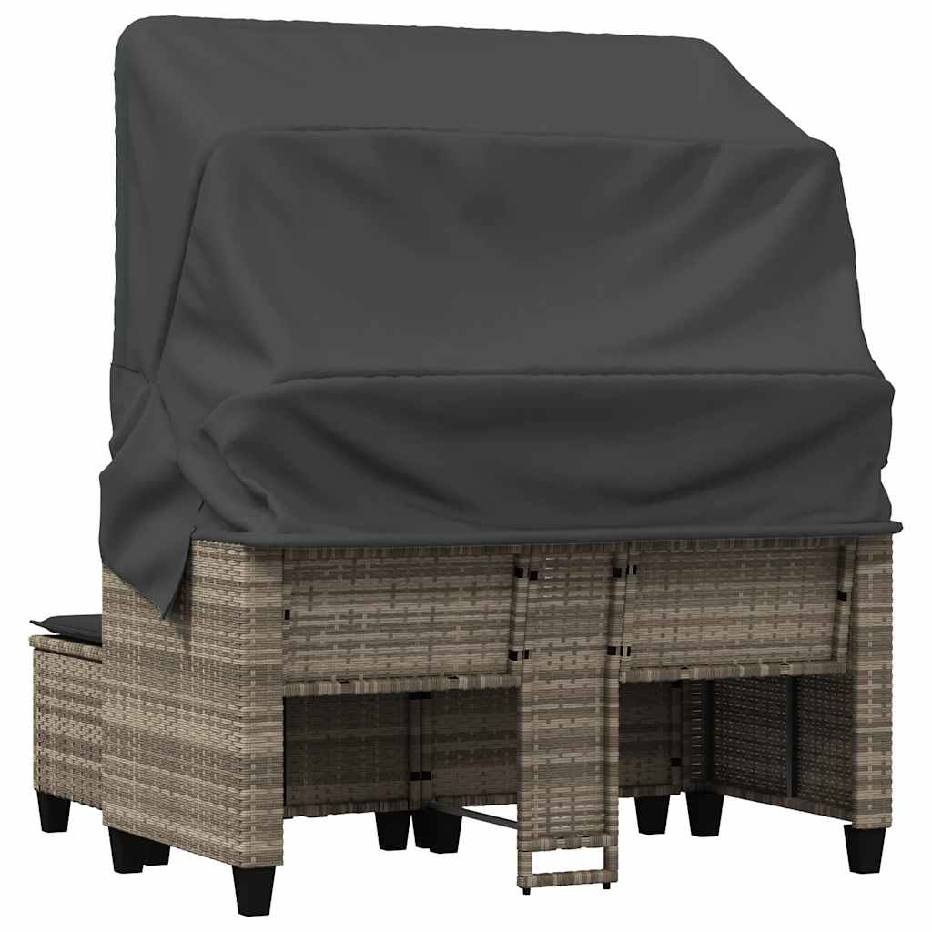Garden Sofa 2-Seater with Canopy and Stools Light Grey Poly Rattan