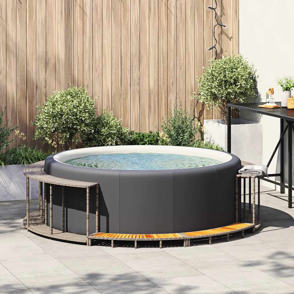 Hot Tub Surround with Storage and Wooden Step Grey Poly Rattan