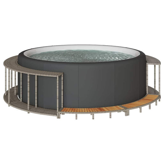 Hot Tub Surround with Storage and Wooden Step Grey Poly Rattan
