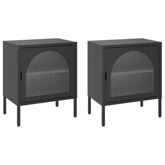 Nightstand | Set of 2 | Black | Powder-coated steel, fluted glass