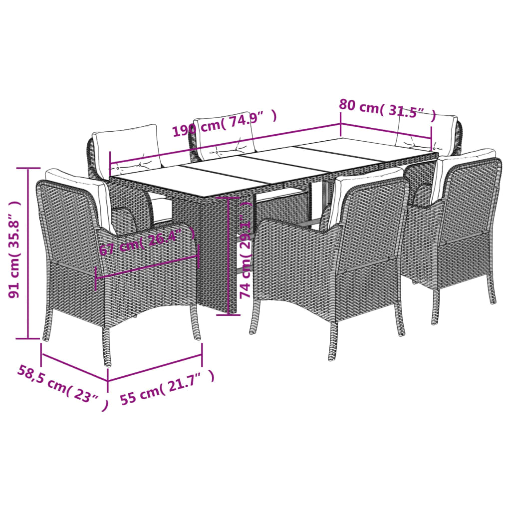 7 Piece Garden Dining Set with Cushions Grey Poly Rattan