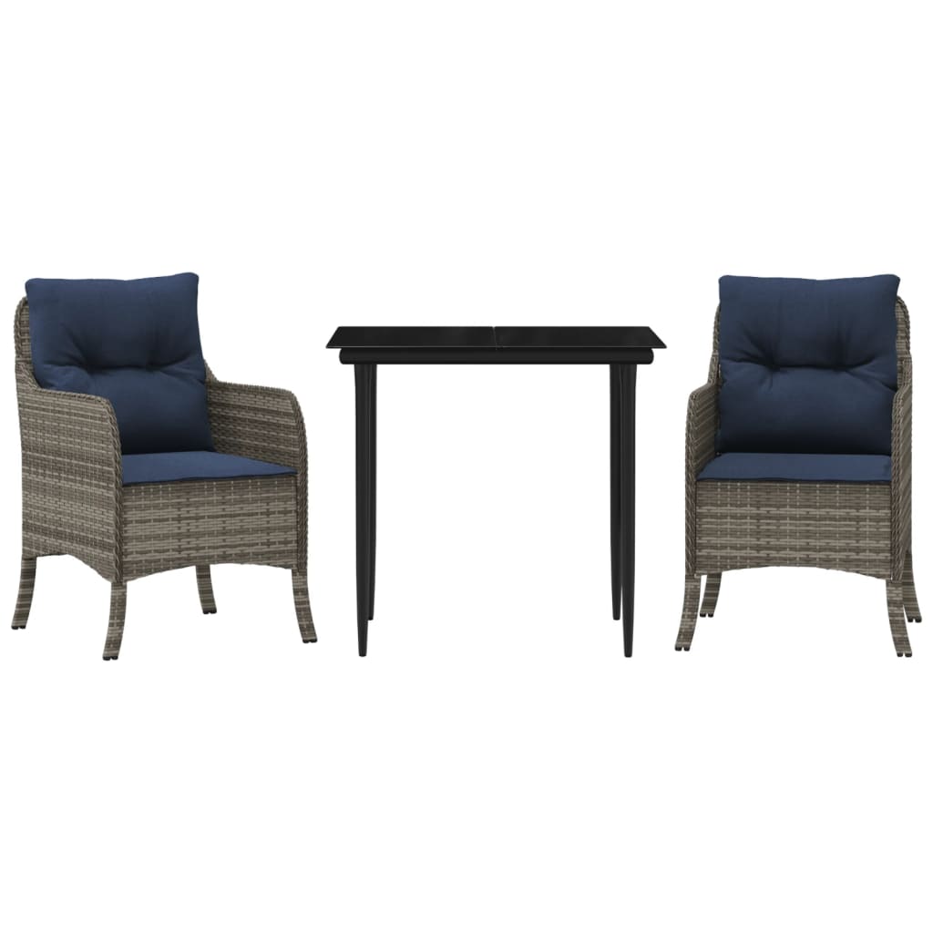 3 Piece Garden Dining Set with Cushions Grey Poly Rattan