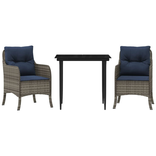 3 Piece Garden Dining Set with Cushions Grey Poly Rattan