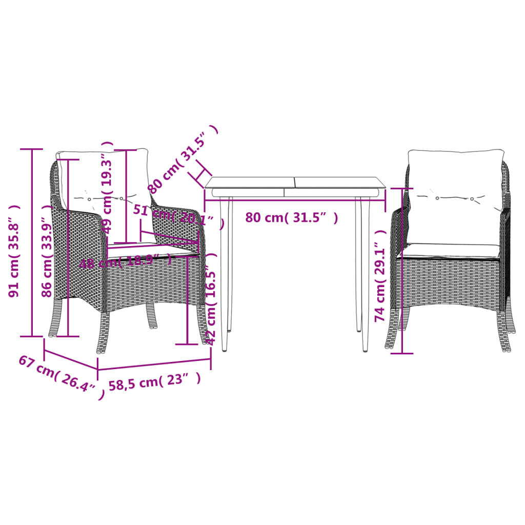 3 Piece Garden Dining Set with Cushions Grey Poly Rattan