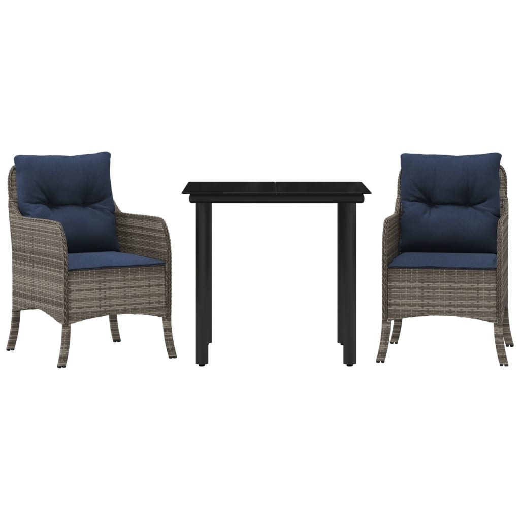 3 Piece Garden Dining Set with Cushions Grey Poly Rattan