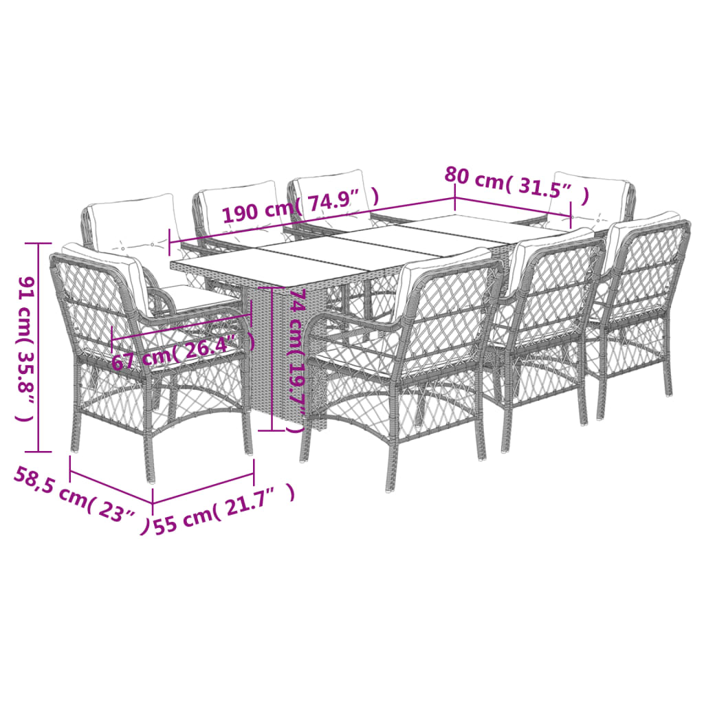 9 Piece Garden Dining Set with Cushions Grey Poly Rattan