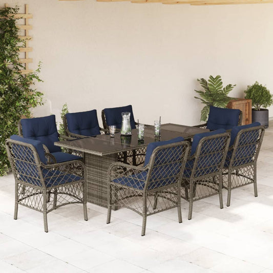 9 Piece Garden Dining Set with Cushions Grey Poly Rattan