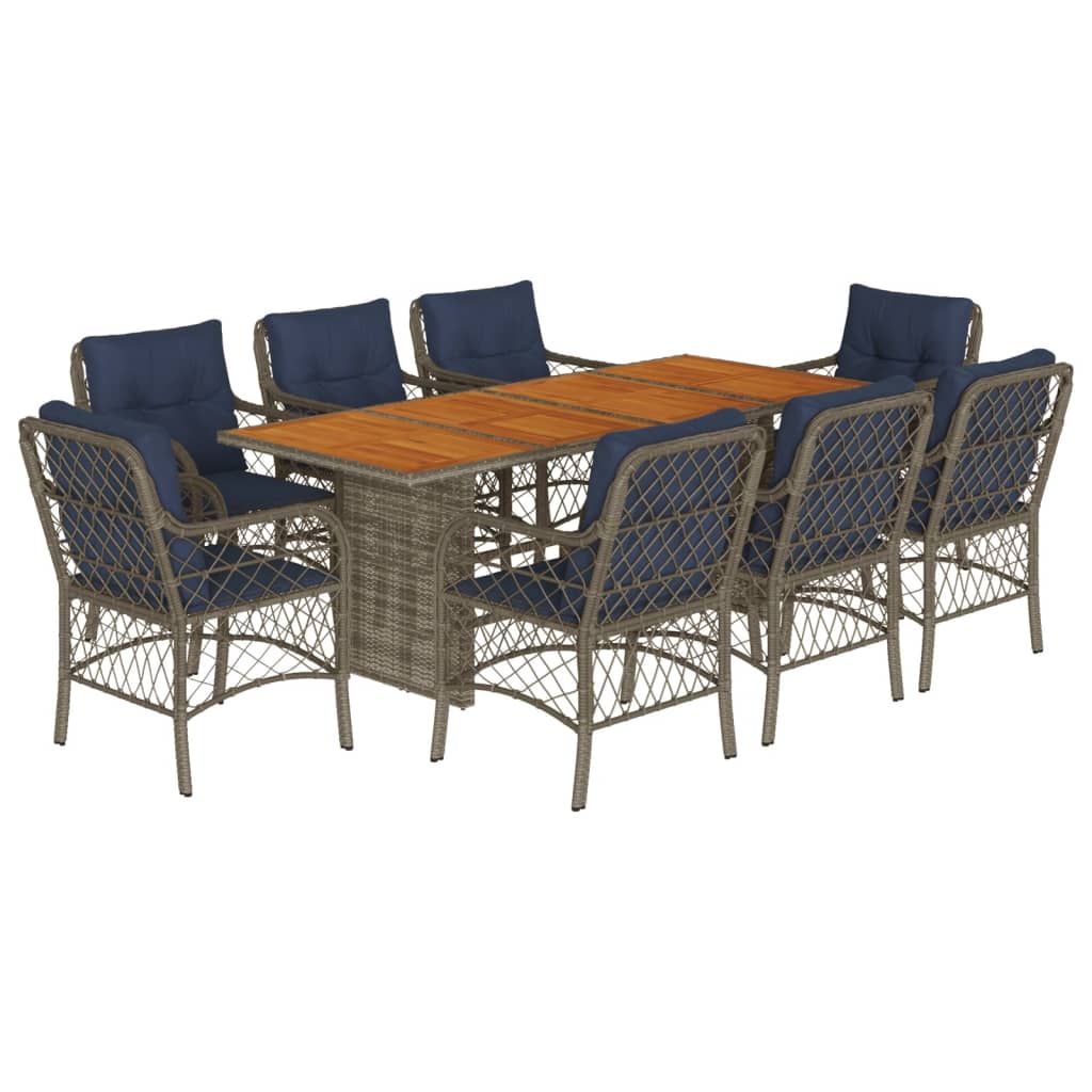 9 Piece Garden Dining Set with Cushions Grey Poly Rattan