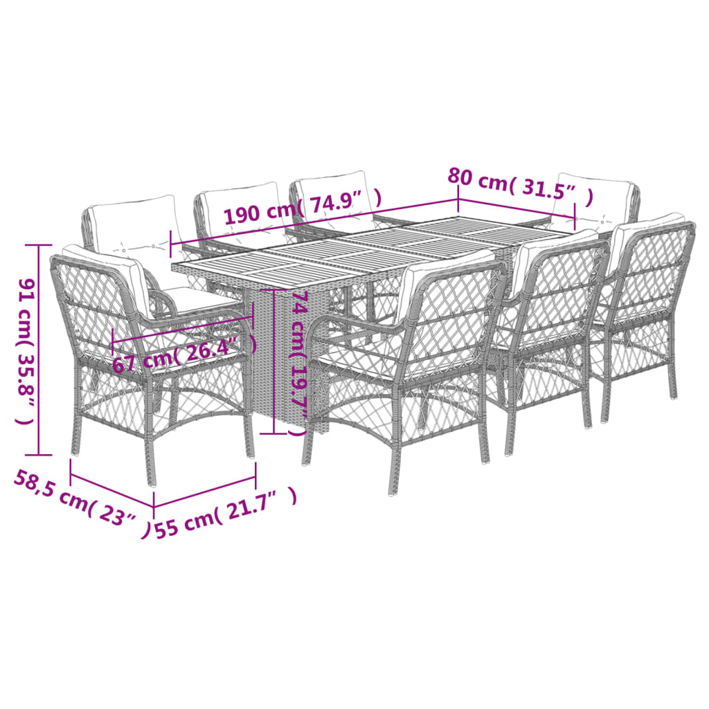 9 Piece Garden Dining Set with Cushions Grey Poly Rattan