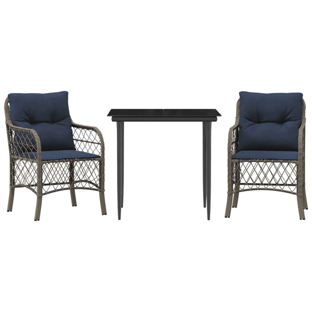 3 Piece Bistro Set with Cushions Grey Poly Rattan