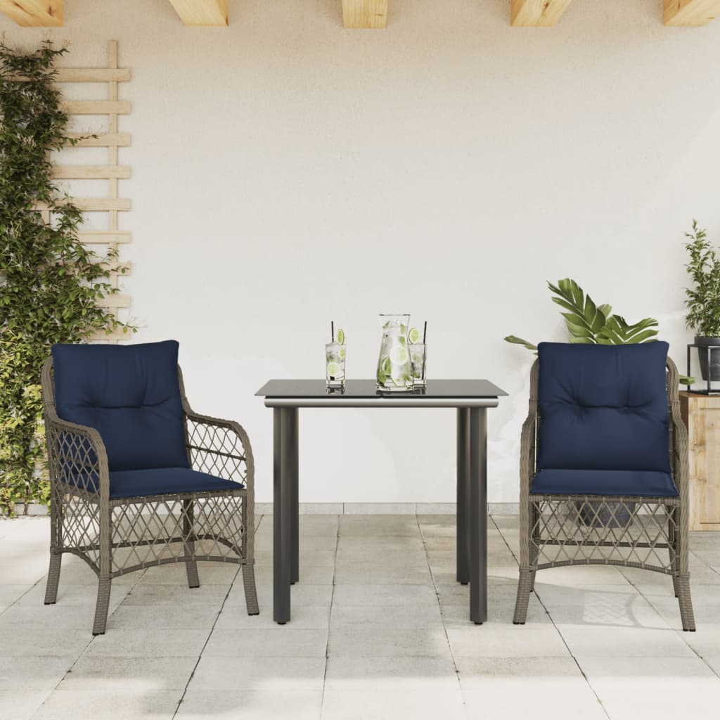 3 Piece Bistro Set with Cushions Grey Poly Rattan