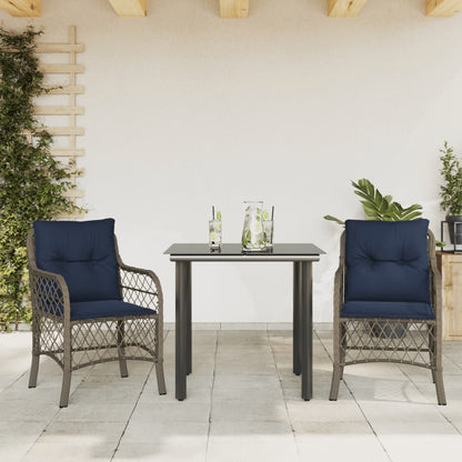 3 Piece Bistro Set with Cushions Grey Poly Rattan