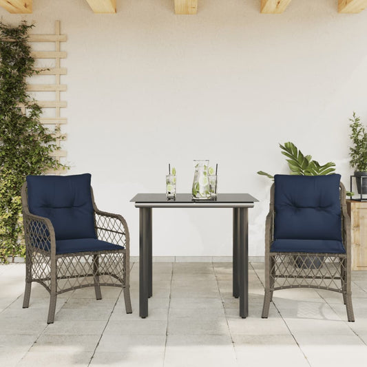 3 Piece Bistro Set with Cushions Grey Poly Rattan