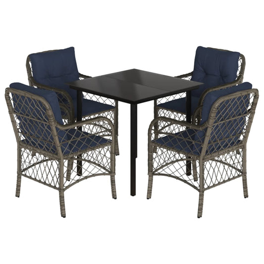 5 Piece Garden Dining Set with Cushions Grey Poly Rattan