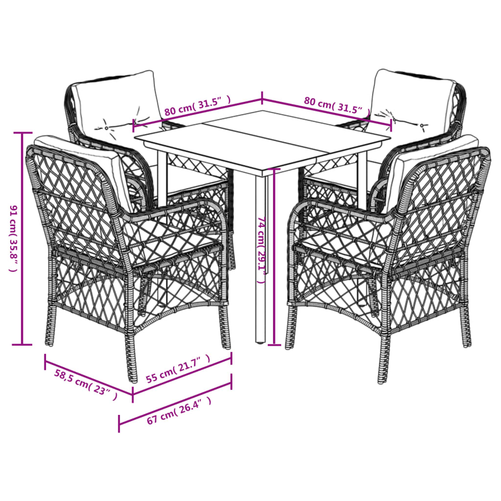 5 Piece Garden Dining Set with Cushions Grey Poly Rattan