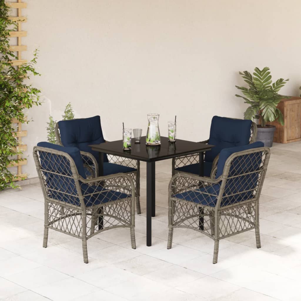 5 Piece Garden Dining Set with Cushions Grey Poly Rattan