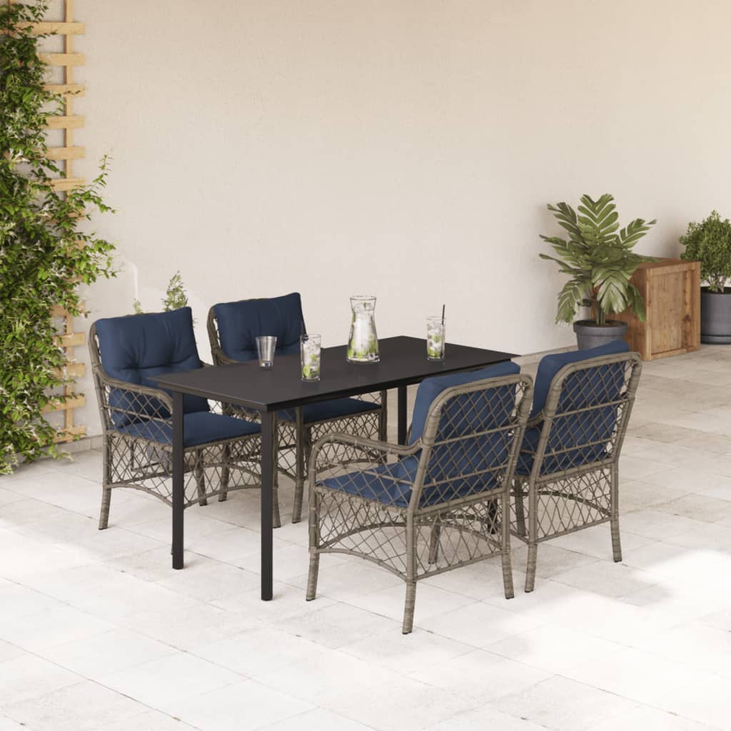 5 Piece Garden Dining Set with Cushions Grey Poly Rattan