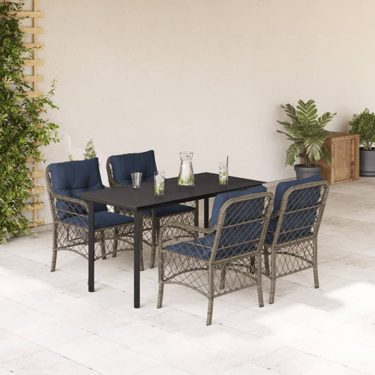 5 Piece Garden Dining Set with Cushions Grey Poly Rattan