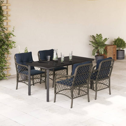 5 Piece Garden Dining Set with Cushions Grey Poly Rattan