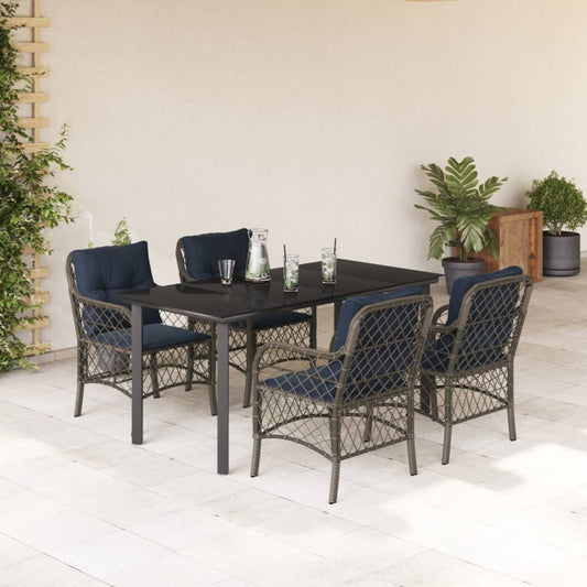 5 Piece Garden Dining Set with Cushions Grey Poly Rattan