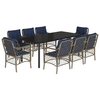 9 Piece Garden Dining Set with Cushions Grey Poly Rattan