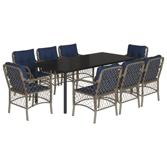 9 Piece Garden Dining Set with Cushions Grey Poly Rattan