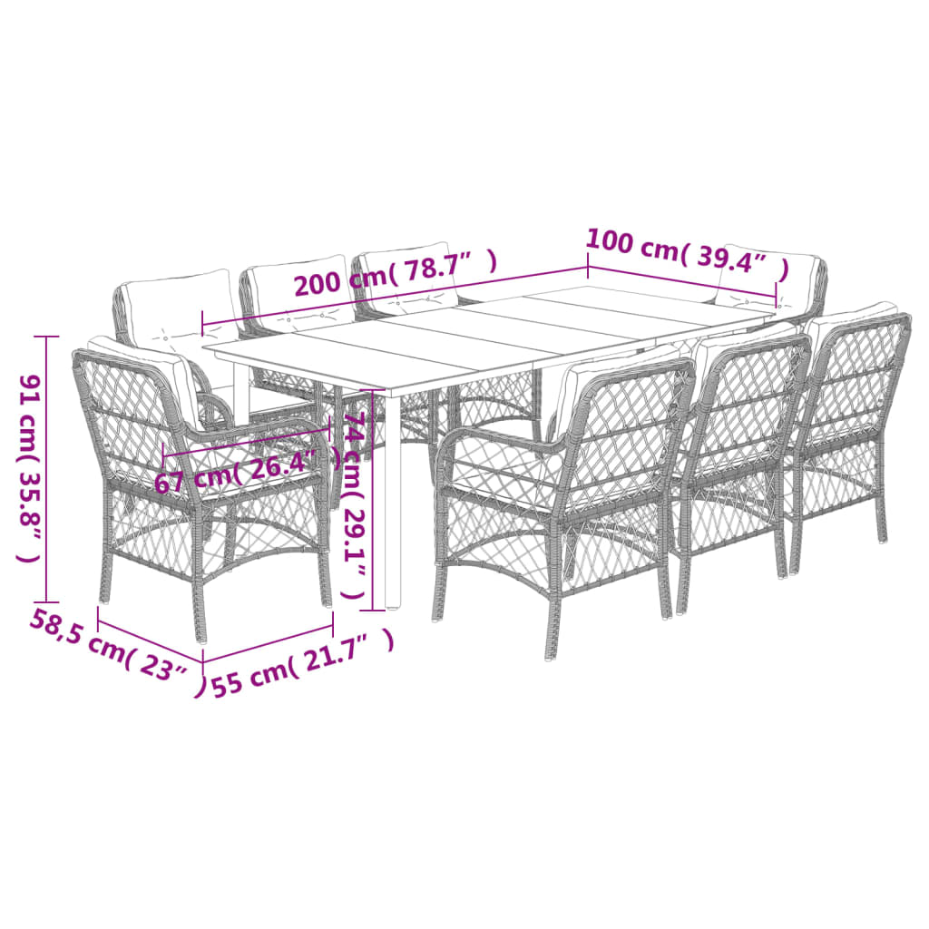 9 Piece Garden Dining Set with Cushions Grey Poly Rattan