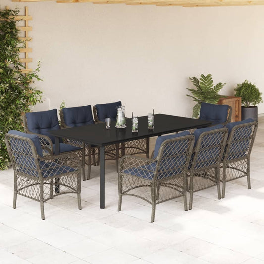 9 Piece Garden Dining Set with Cushions Grey Poly Rattan